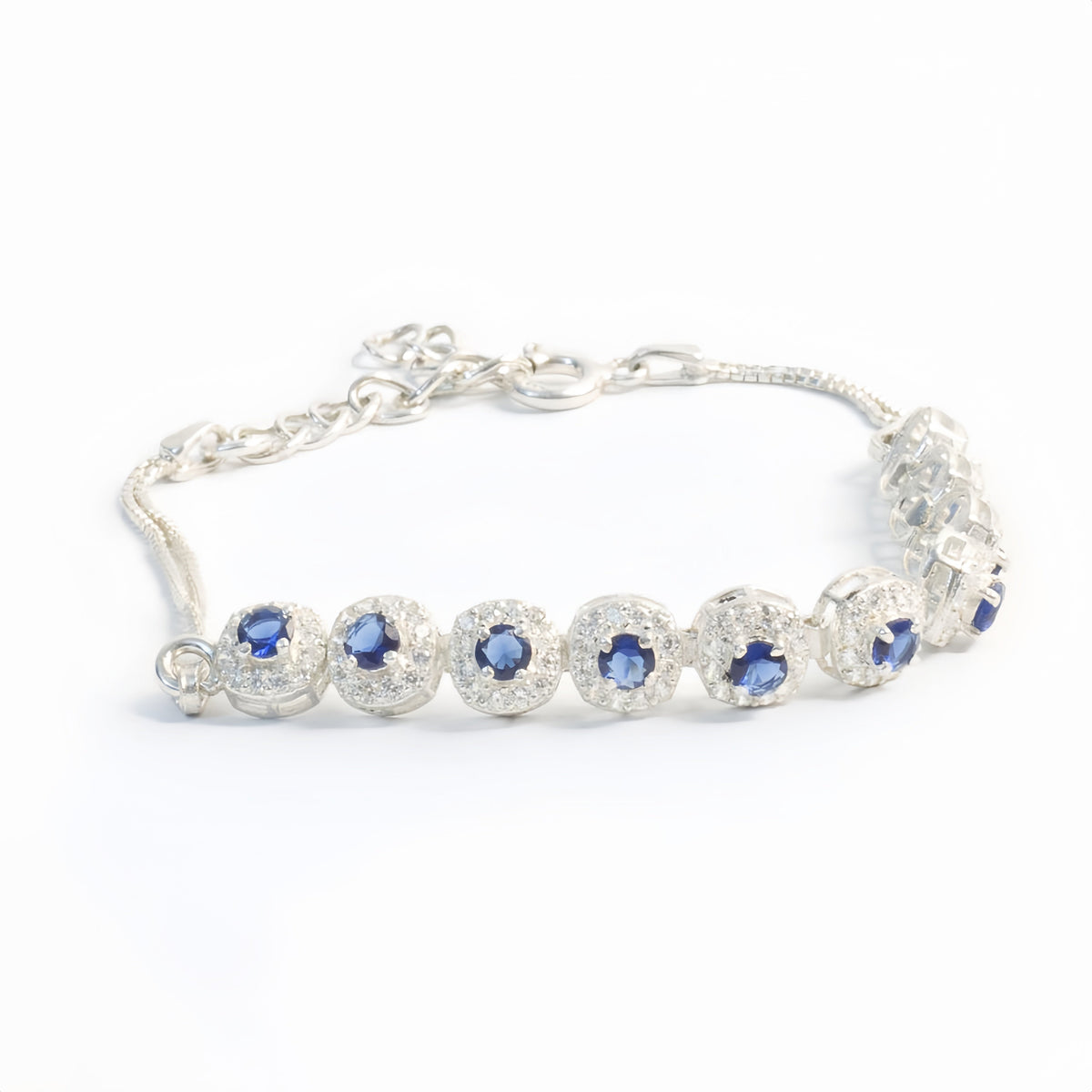 Elegant Sliver Bracelet With Sapphire Blue Gemstones